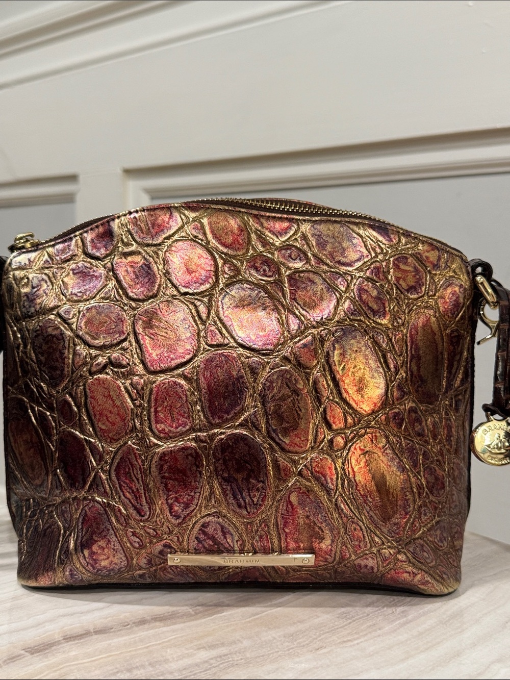 Brahmin Bag Supernova Melbourne Lorelei Bronze Metallic Croc-Embossed Crossbody - Picture 4 of 17